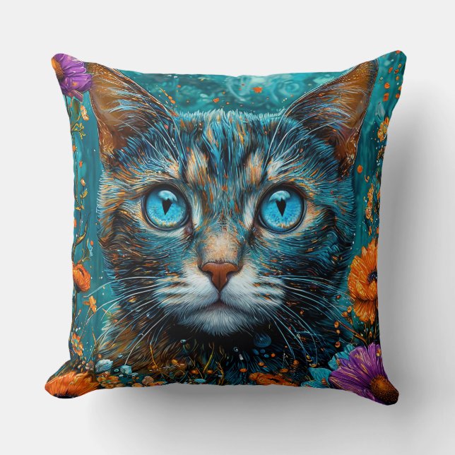 Cute Floral Cat Throw Pillow (Front)