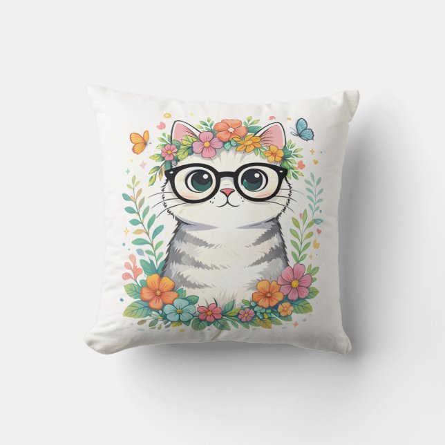 Cute Floral Cat with Glasses Throw Pillow (Front)