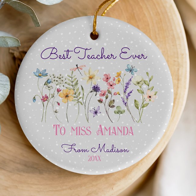 Cute floral Christmas pastel flowers teacher Ceramic Ornament (Creator Uploaded)