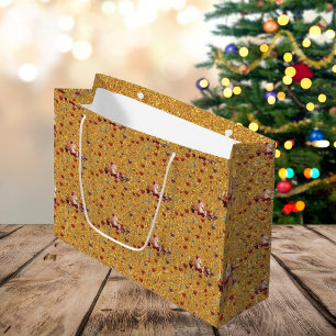 Cute Floral Christmas Unicorn Girl Gold Large Gift Bag