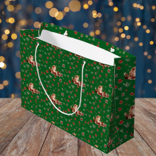 Cute Floral Christmas Unicorn Girl Green Large Gift Bag