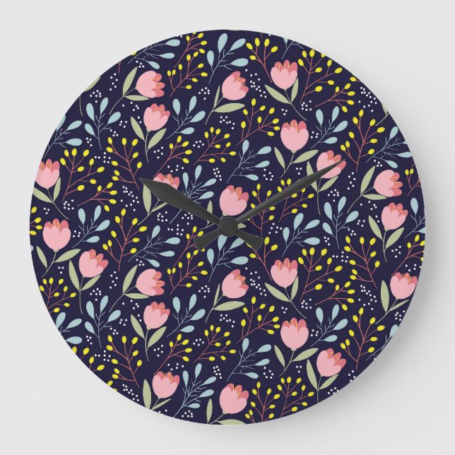 Cute Floral: Colorful Flowers Pattern. Large Clock (Front)