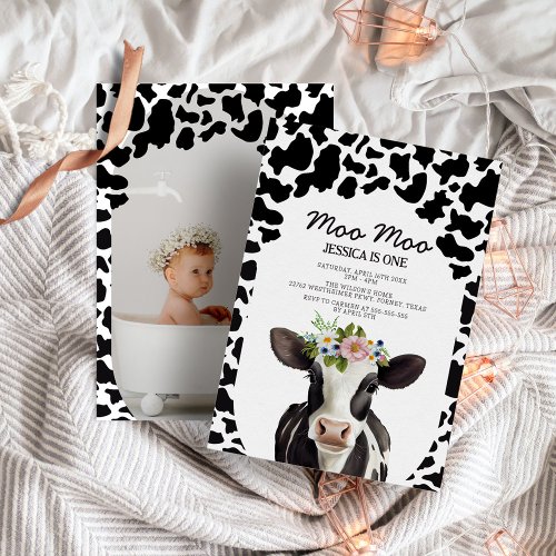 Cute Floral Cow Modern 1st Birthday Party Photo Invitation