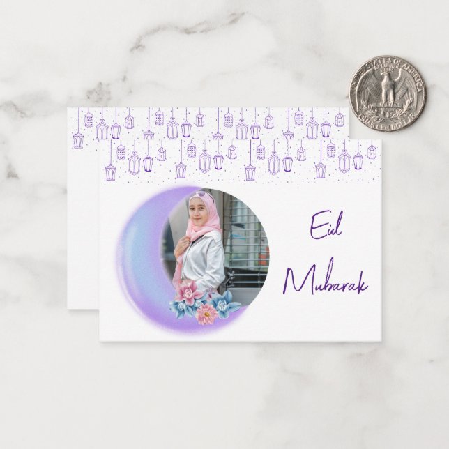Cute Floral Crescent Islamic Eid Mubarak Photo Note Card (Front/Back In Situ)