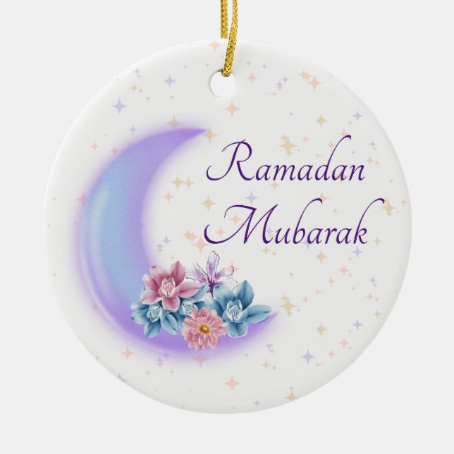 Cute Floral Crescent Islamic Ramadan Mubarak Ceramic Ornament (Front)
