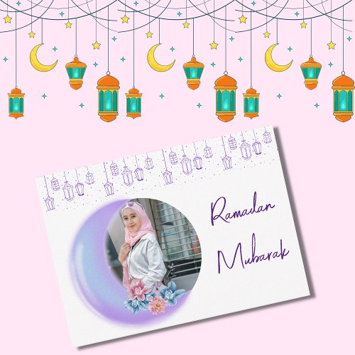 Cute Floral Crescent Islamic Ramadan Mubarak Photo Note Card