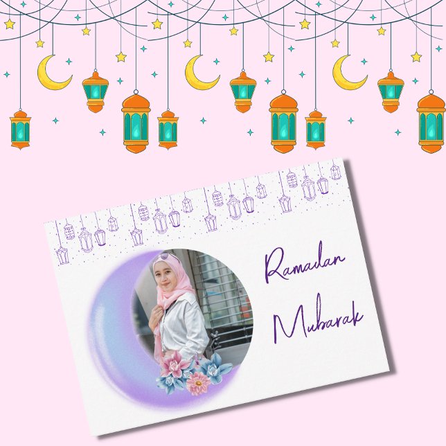 Cute Floral Crescent Islamic Ramadan Mubarak Photo Note Card (Creator Uploaded)