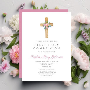 Cute Floral Cross Girl First Communion Invitation