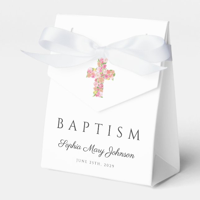 Cute Floral Cross Religious Baptism Favor Boxes (Front Side)