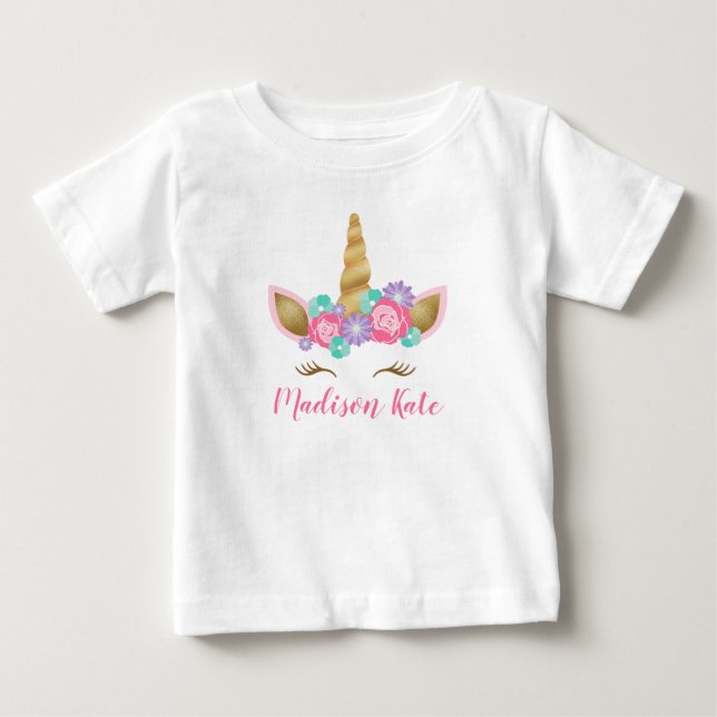 Cute Floral Crown Unicorn Face First Birthday Baby T-Shirt (Front)