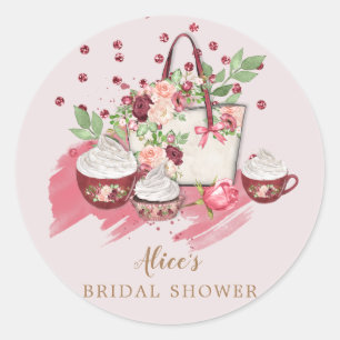 cute floral cupcake bridal shower pink monogram classic round sticker