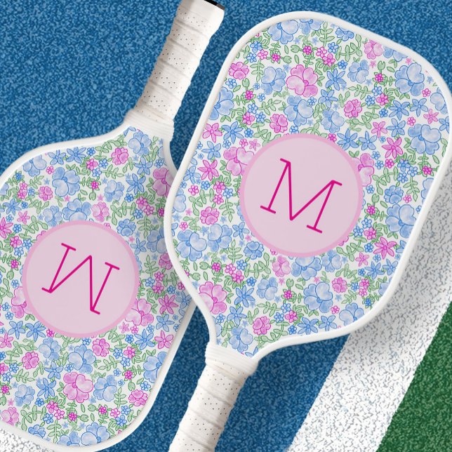 Cute Floral Custom Monogram Pink and Blue Pickleball Paddle (Creator Uploaded)