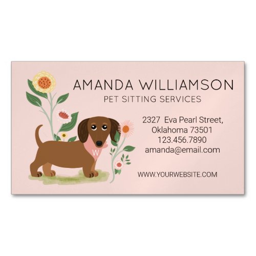 Cute Floral Dachshund Dog Pet Care Services Business Card Magnet