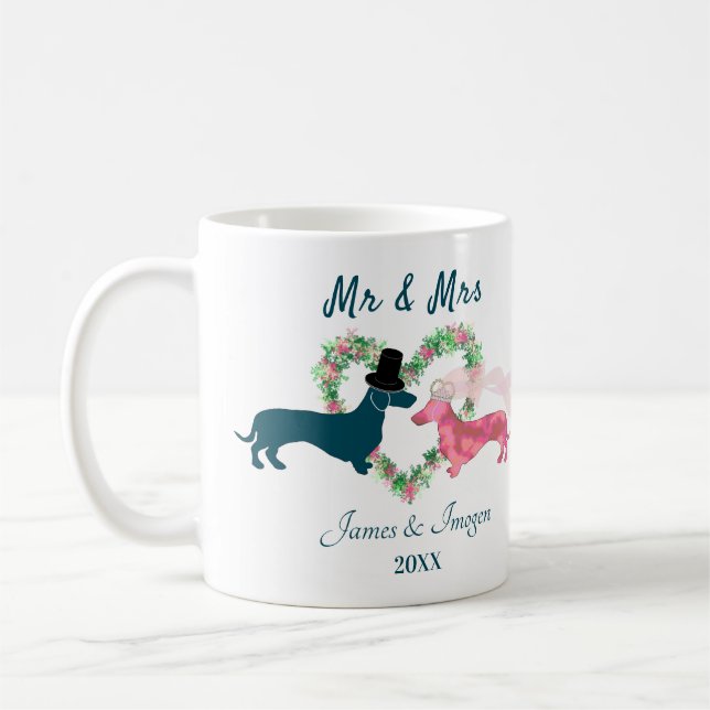 Cute Floral Dachshund Dogs Bride and Groom  Coffee Mug (Left)