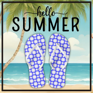 Cute Floral Daisy Pattern Blue and White Summer Flip Flops