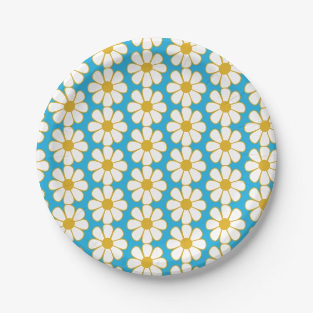 Cute Floral Daisy Pattern Mustard and Blue Paper Plates (Front)