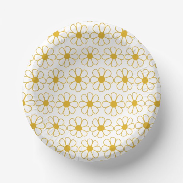 Cute Floral Daisy Pattern Mustard Gold and White Paper Bowls (Front)