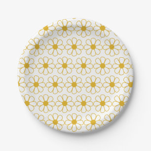 Cute Floral Daisy Pattern Mustard Gold and White Paper Plates