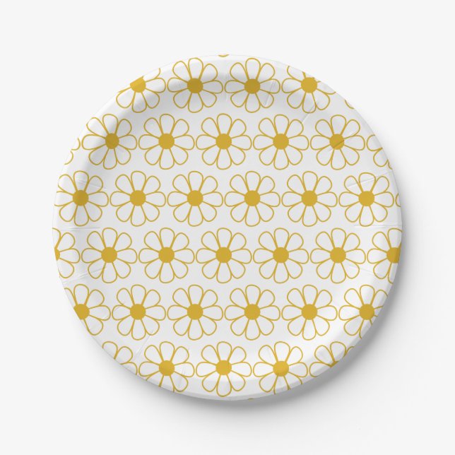 Cute Floral Daisy Pattern Mustard Gold and White  Paper Plates (Front)