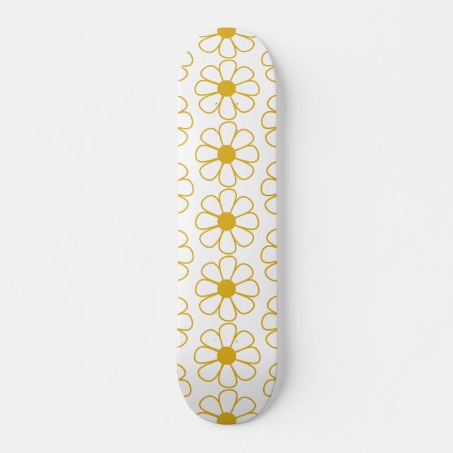 Cute Floral Daisy Pattern Mustard Gold and White Skateboard (Front)