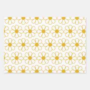 Cute Floral Daisy Pattern Mustard Gold and White Wrapping Paper Sheets