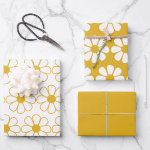 Cute Floral Daisy Pattern Mustard Gold and White Wrapping Paper Sheets