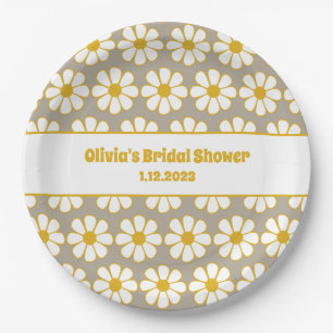 Cute Floral Daisy Pattern Mustard White Gray Paper Plates