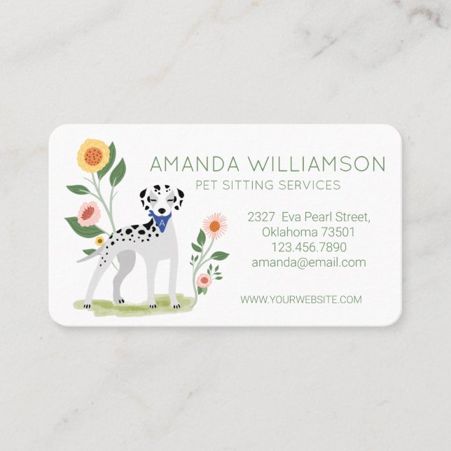 Cute Floral Dalmatian Dog Pet Care Services Business Card (Front)