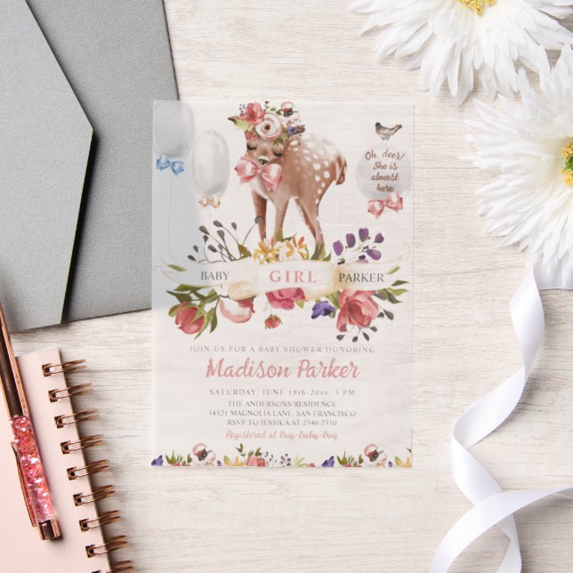 Cute Floral Deer Baby Shower Vellum Invitations (Wedding)
