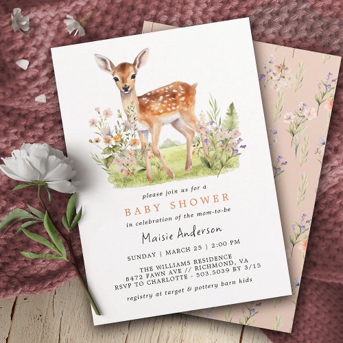 Cute Floral Deer Fawn  Airy Spring Baby Shower Invitation