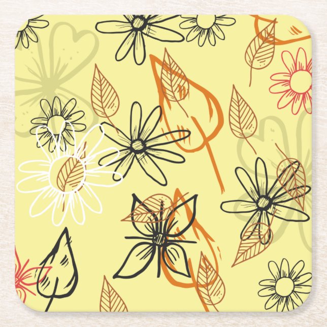 Cute Floral Design Sketch Square Paper Coaster (Front)
