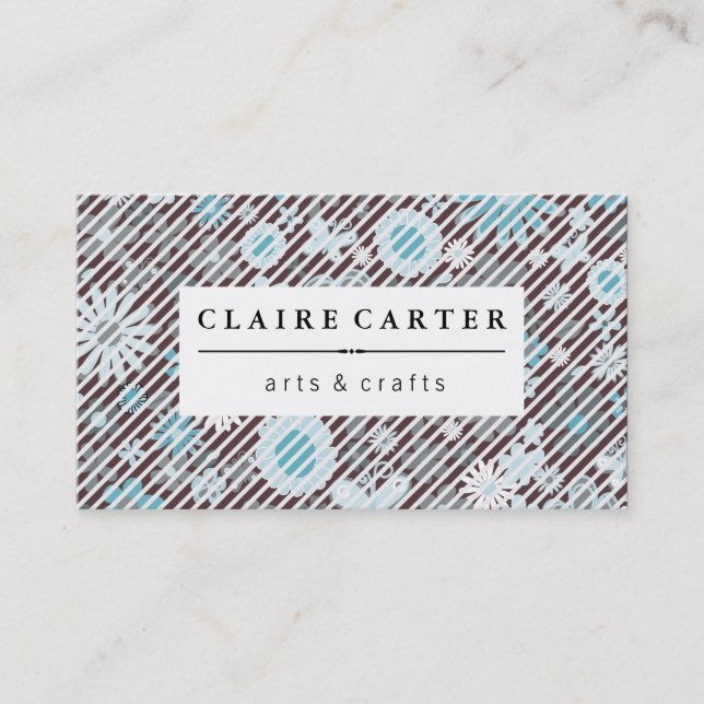 Cute Floral Diagonal Stripes Business Card (Front)