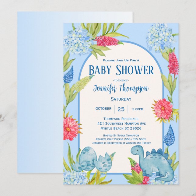 Cute Floral Dino Mom Egg Baby Shower Invitation (Front/Back)