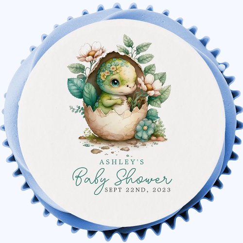 Cute Floral Dinosaur Egg Baby Shower Edible Frosting Rounds