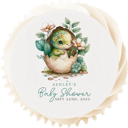 Cute Floral Dinosaur Egg Baby Shower Edible Frosting Rounds