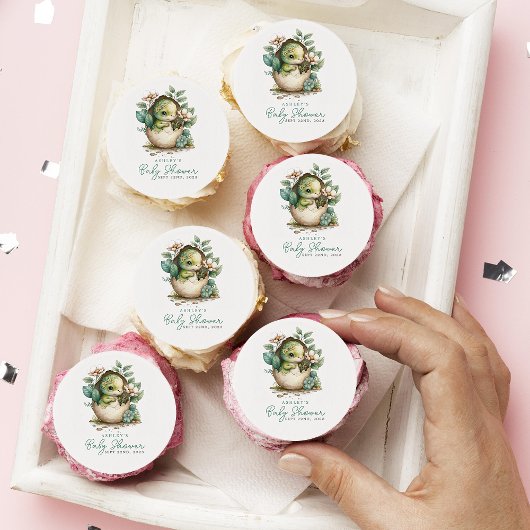 Cute Floral Dinosaur Egg Baby Shower Edible Frosting Rounds