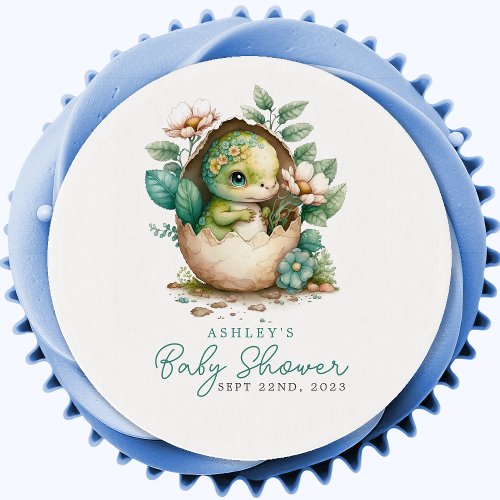 Cute Floral Dinosaur Egg Baby Shower Edible Frosting Rounds