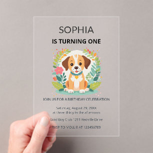 Cute Floral Dog Kids First Birthday Acrylic Invitations