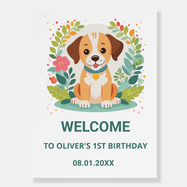 Cute Floral Dog Puppy Baby Boys Birthday Welcome Foam Board (Front)