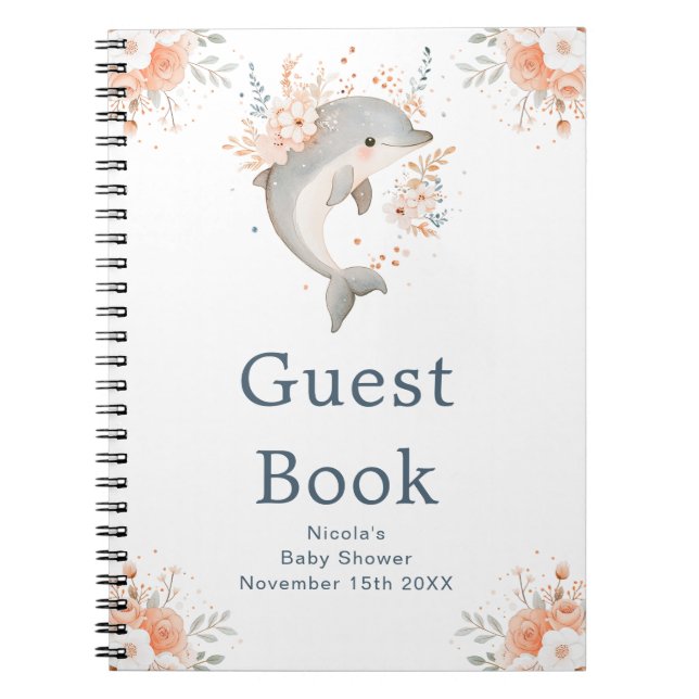 Cute Floral Dolphin Baby Shower Guest Book (Front)