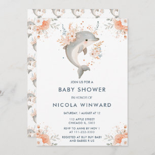 Cute Floral Dolphin Baby Shower Invitation