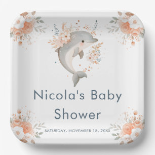 Cute Floral Dolphin  Baby Shower Paper Plates