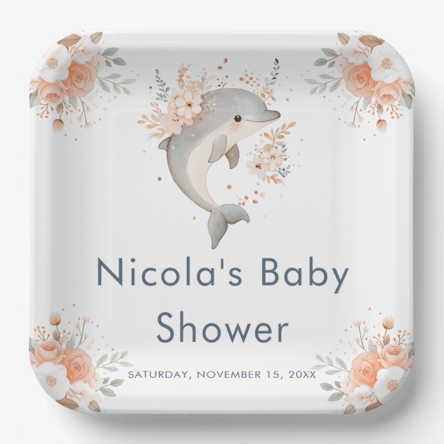 Cute Floral Dolphin  Baby Shower Paper Plates (Front)