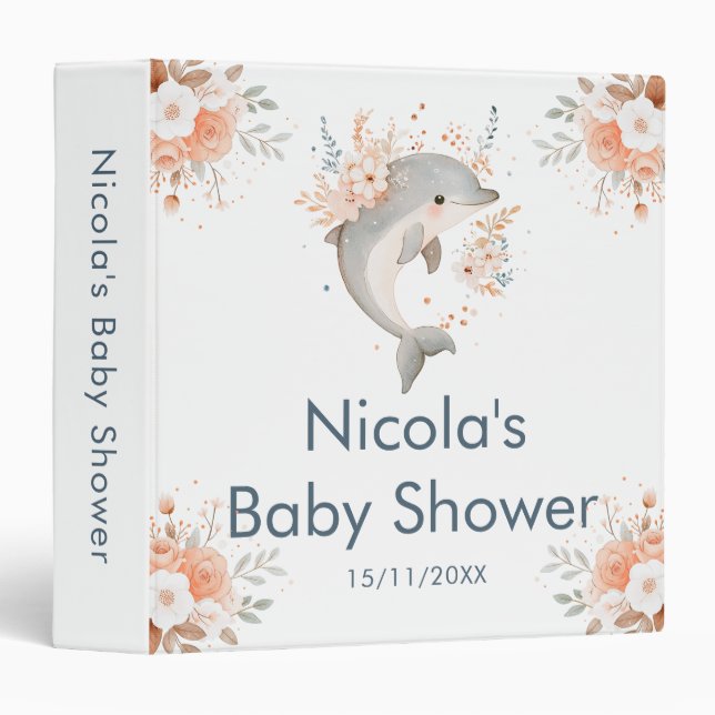 Cute Floral Dolphin Baby Shower Photo Album 3 Ring Binder (Front/Spine)