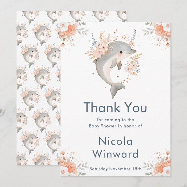 Cute Floral Dolphin Baby Shower  Thank You Card (Front/Back)