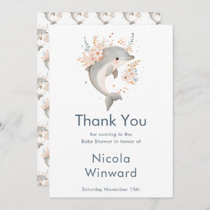 Cute Floral Dolphin Baby Shower Thank You Card