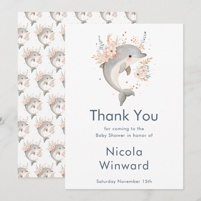 Cute Floral Dolphin Baby Shower  Thank You Card (Front/Back)