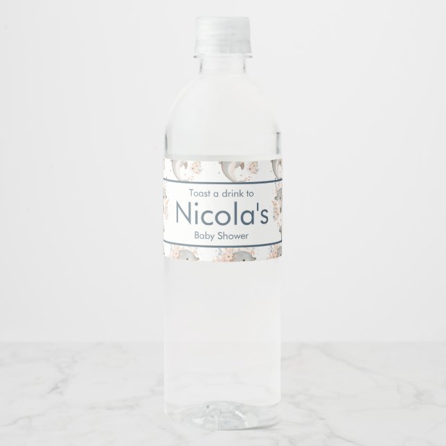 Cute Floral Dolphin Baby Shower Water Bottle Label (Front)