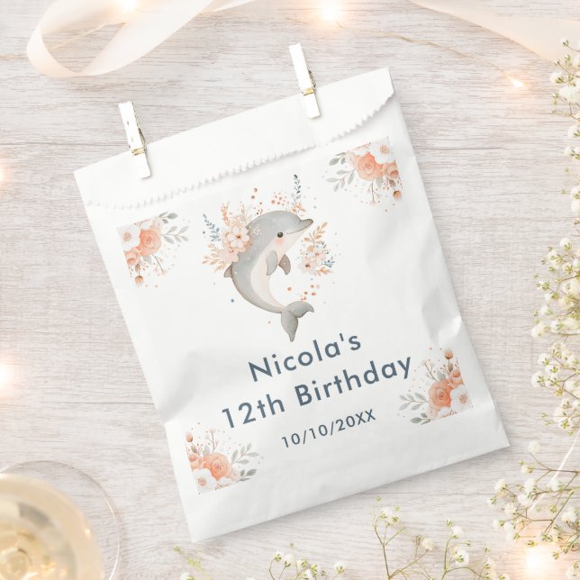 Cute Floral Dolphin Birthday Party Favor Bag (Clipped)
