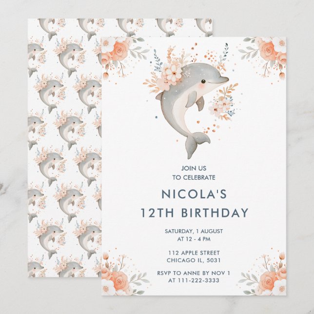 Cute Floral Dolphin Birthday Party Invitation (Front/Back)